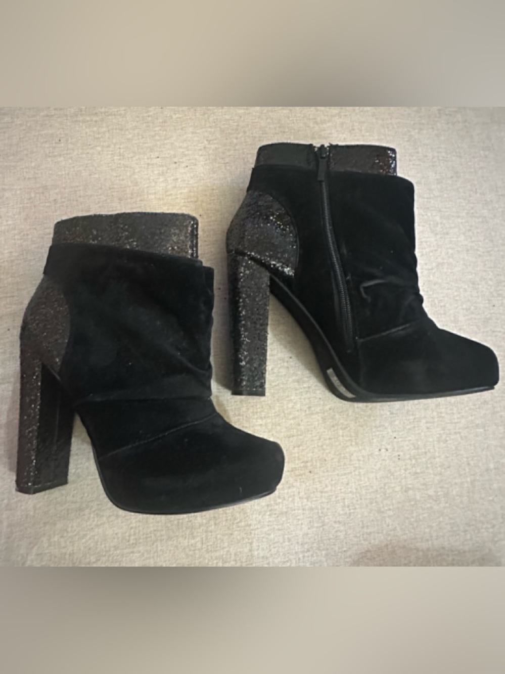 Women's Black Velvet Ankle Booties with Glitter Trim - Picture 10 of 12